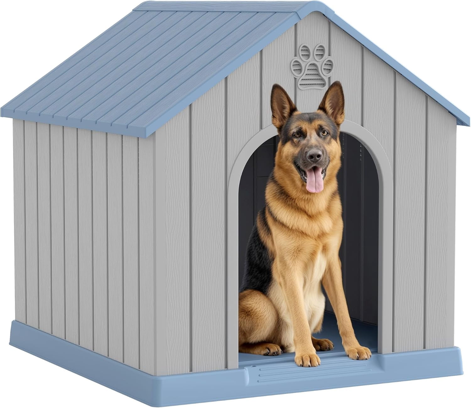 Large Dog House Outdoor Indoor for Medium Large Dogs, Durable Plastic Waterproof Doghouse with Air Vents and Elevated Floor, Easy Clean and Assemble (Light Grey, 36.2''L×38''W×38''H)