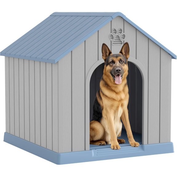 Large Dog House Outdoor Indoor for Medium Large Dogs, Sturdy Plastic Waterproof Doghouse with Air Vents and Elevated Floor, Easy Clean and Assemble (Blue, 36.2''L×38''W×38''H)