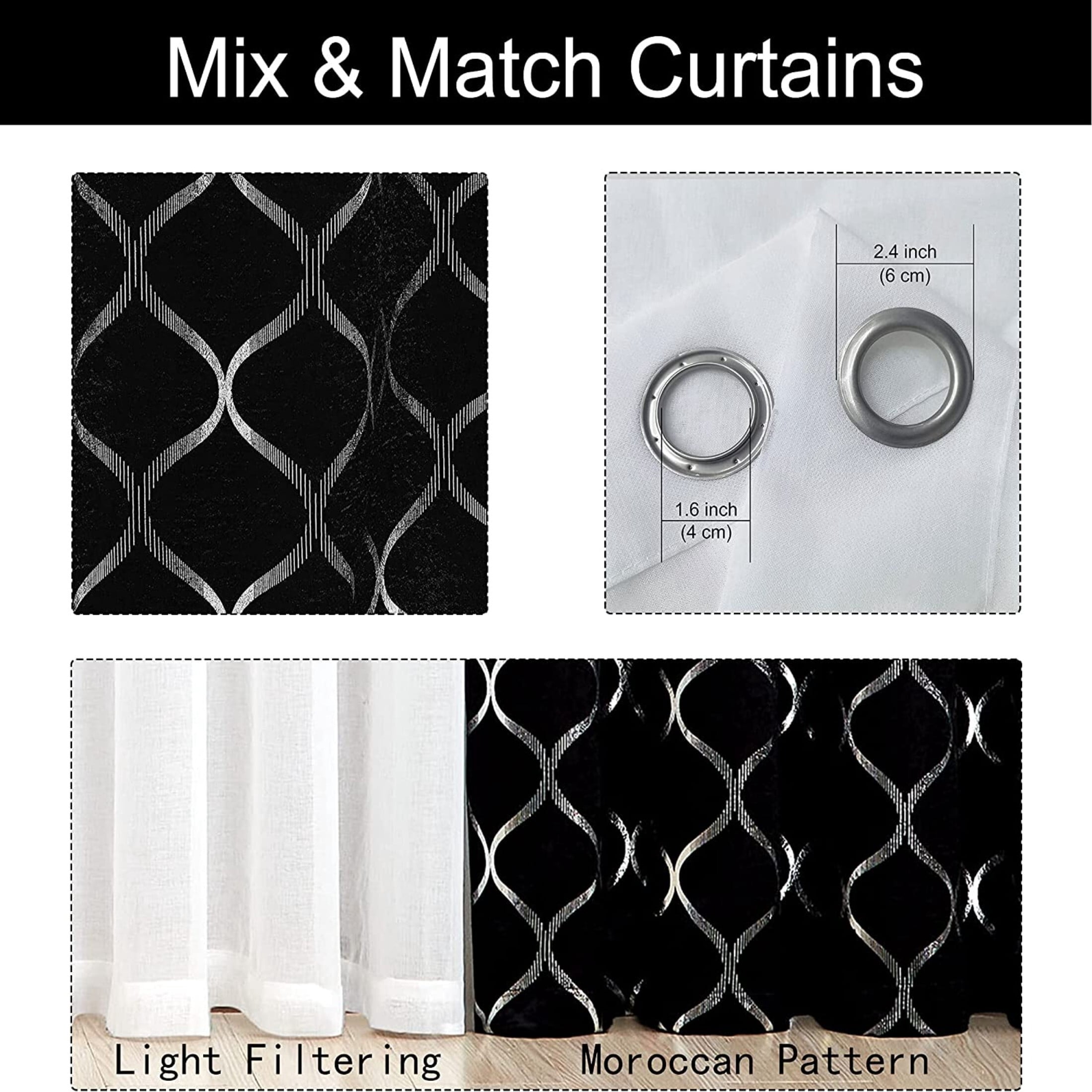 Pinewave Black and Silver Mix Window Curtain Set with Moroccan Blackout Drapes and White Sheers, Grommet Top, 52"W x 63"L (4-Pack)