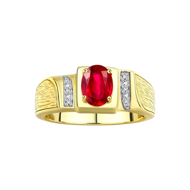 Rylos 925 Yellow Gold Plated Silver Classic 8X6MM Oval Ruby & Sparkling Diamond Ring - Birthstone Jewelry for Men -Size 9