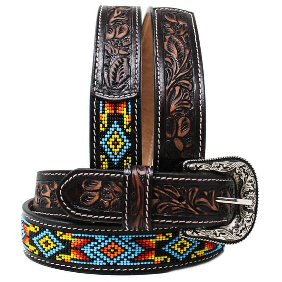 19-20  Kids Child Youth 1-1/4" Wide Western Floral Tooled Purple Beaded Leather Belt 26FK45C