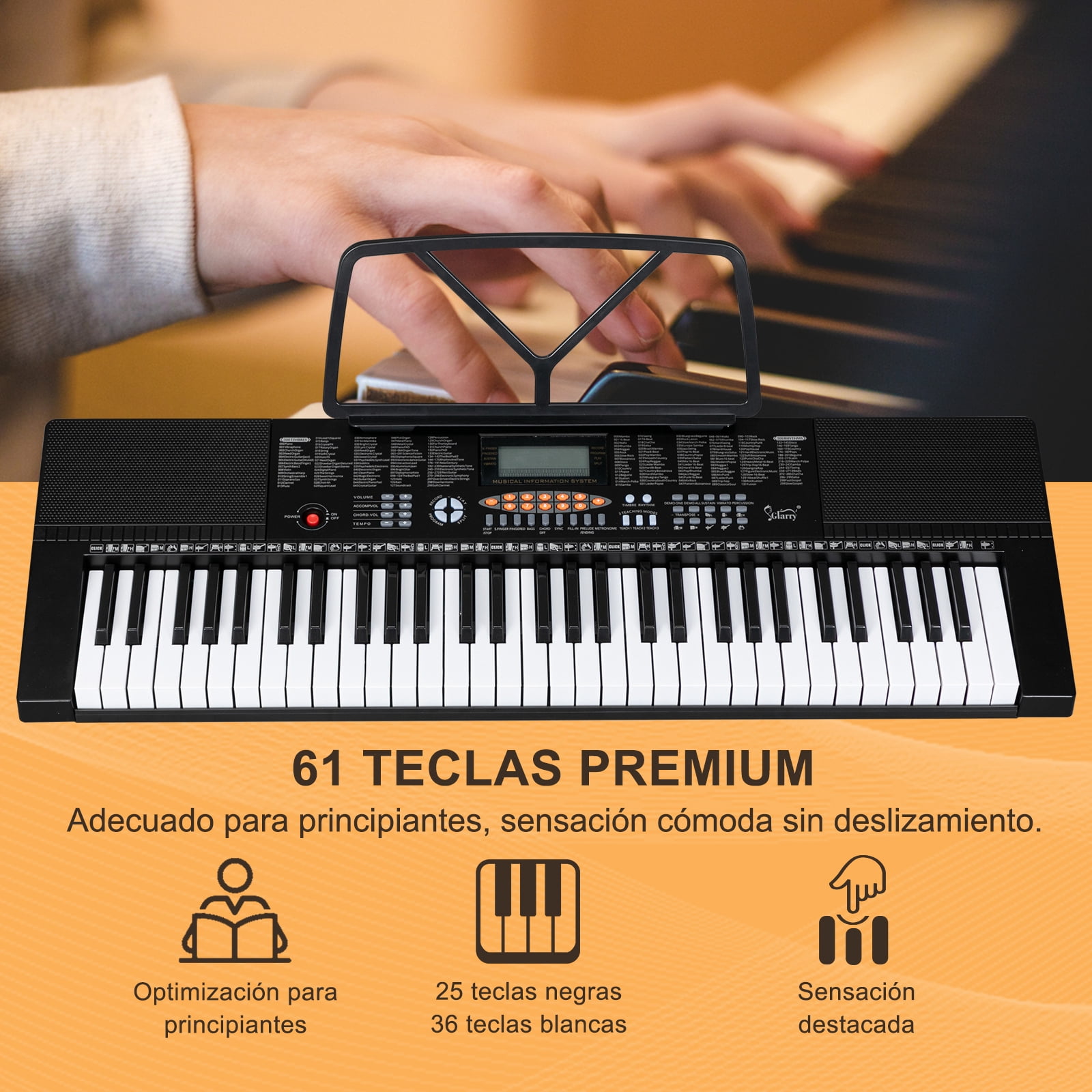 Glarry 61-Key Portable Electronic Piano Keyboard with LCD Screen, Microphone, Headphones, 3 Teaching Modes, Built-In Speakers
