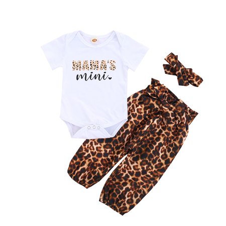 

0-24 Months Baby Girl Clothes Set Infant Girls Mama s Mini Romper Leopard Print Pants Headband Outfits，3 Pack White 6-12 Months