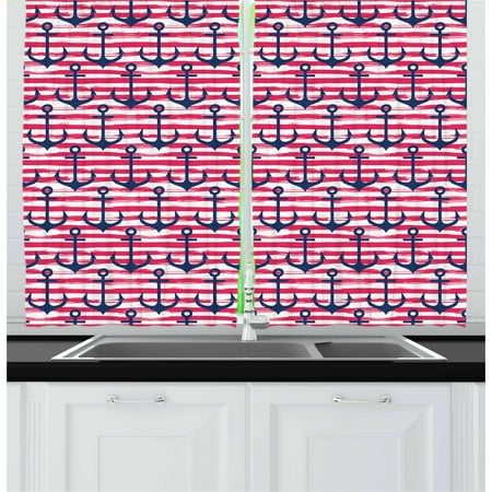 Navy Blue White Striped Curtains Harbour Stripe Curtains 2 Panels Set, Blue Anchors on Horizontal Paintbrush Stripes Marine Graphic, Window Drapes for Living Room Bedroom, 55W X 39L Inches, Dark Blue Magenta White, by Ambesonne ()