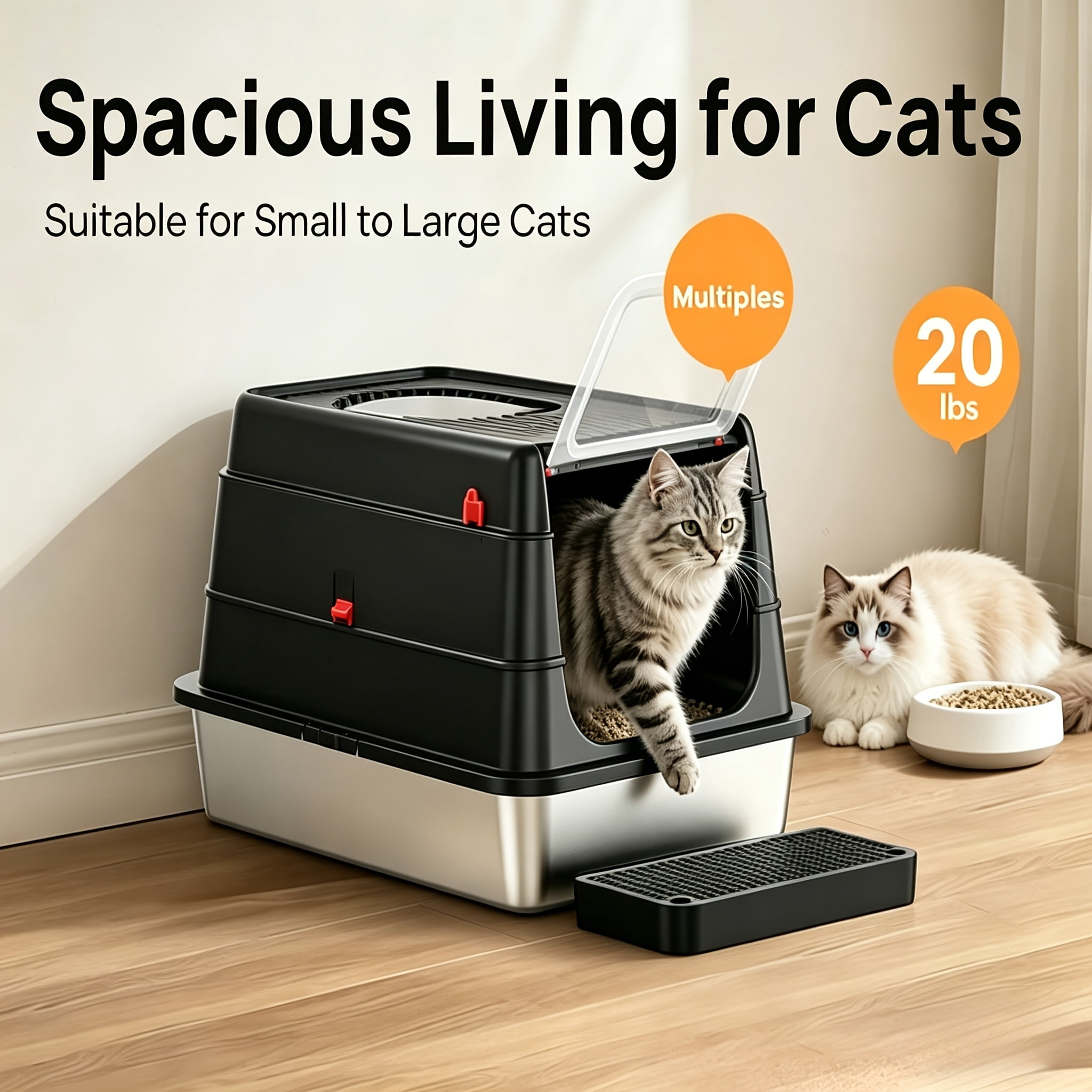 4-Mode Switchable Closed Stainless Steel Cat Litter Box, Leak-Proof & Scratch-Resistant with Sand-Proof Pedal, Free Scoop Included, Easy Clean Medium Size for Multi-Cat Homes
