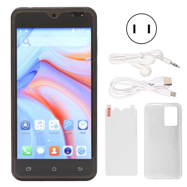 teléfonos móviles de 5 pulgadas 2gb 16gb compatible con 2.4g 5g batería de 4800mah mtk6580 cpu de 8 núcleos smartphone negro para android 11.0 100‑240v enchufe de ee. uu. vista frontal centrada del smartphone negro con pantalla HD de 5.0" (resolución indicada 1920x1080) mostrando la interfaz; a la derecha, audífonos blancos con conector de 3.5 mm, cable USB micro, protector de pantalla y funda transparente; a menudo usado como teléfono secundario para viaje.