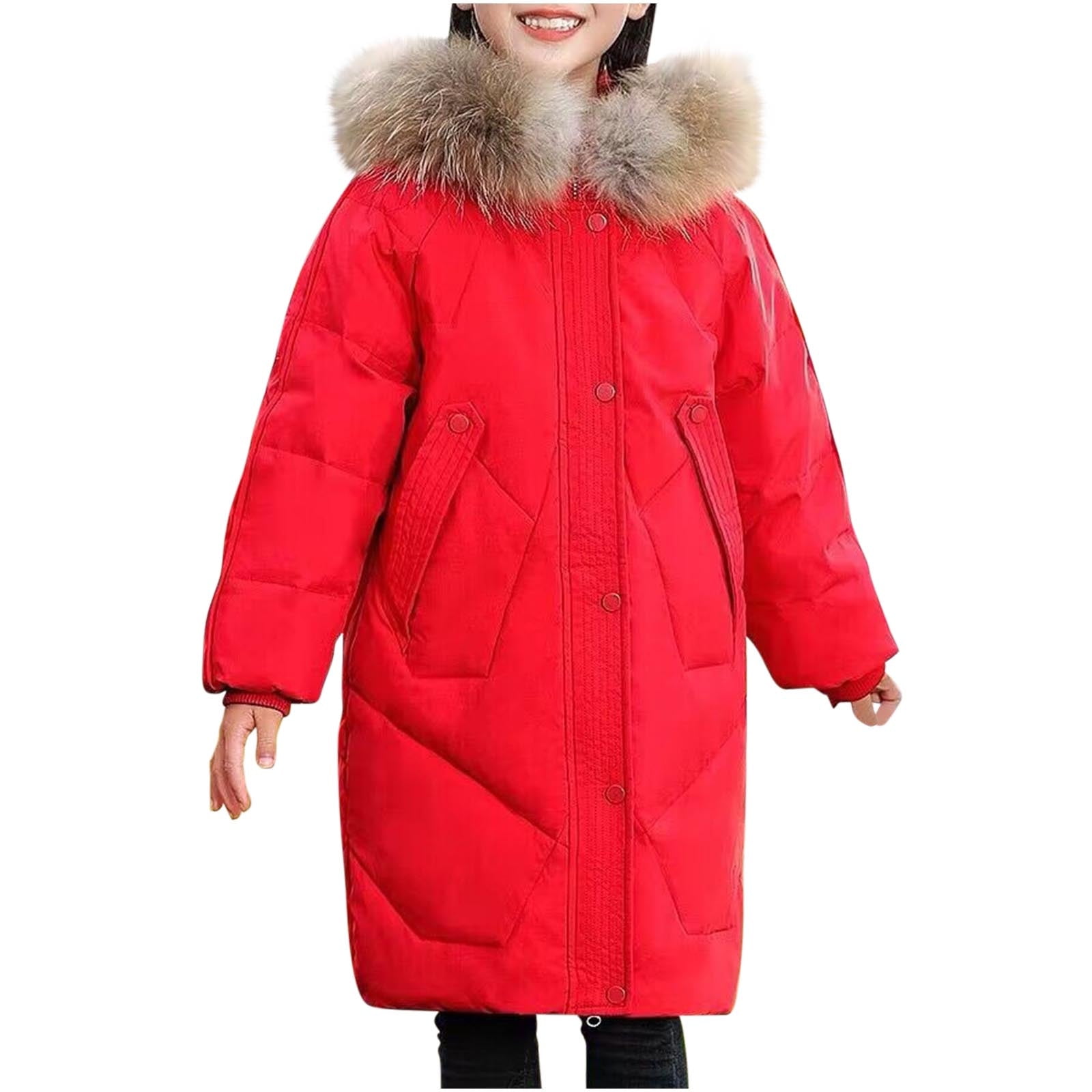 Girl's Winter Coat Warm Windproof Loose Long with Hood Long Sleeve Thick Jacket with Pockets 6-16 Years