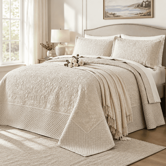 Beige 128"x120" Oversized King Softfiber Paisley Ultrasonic Quilt 3 Piece Bedding Coverlet Set