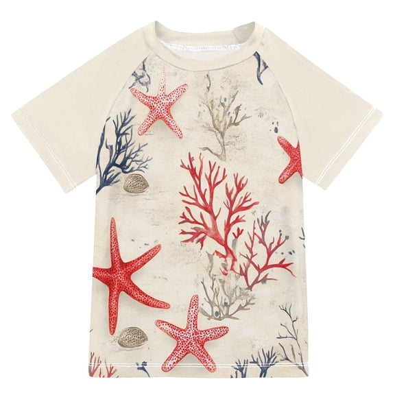 FORMRS Boys Rash Guard with Short Sleeves UPF 50  Swim Shirts Sizes 3-12T, Light Red Starfish