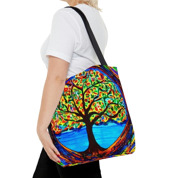 Tree of Life Polyester Tote Bag with Black Handles