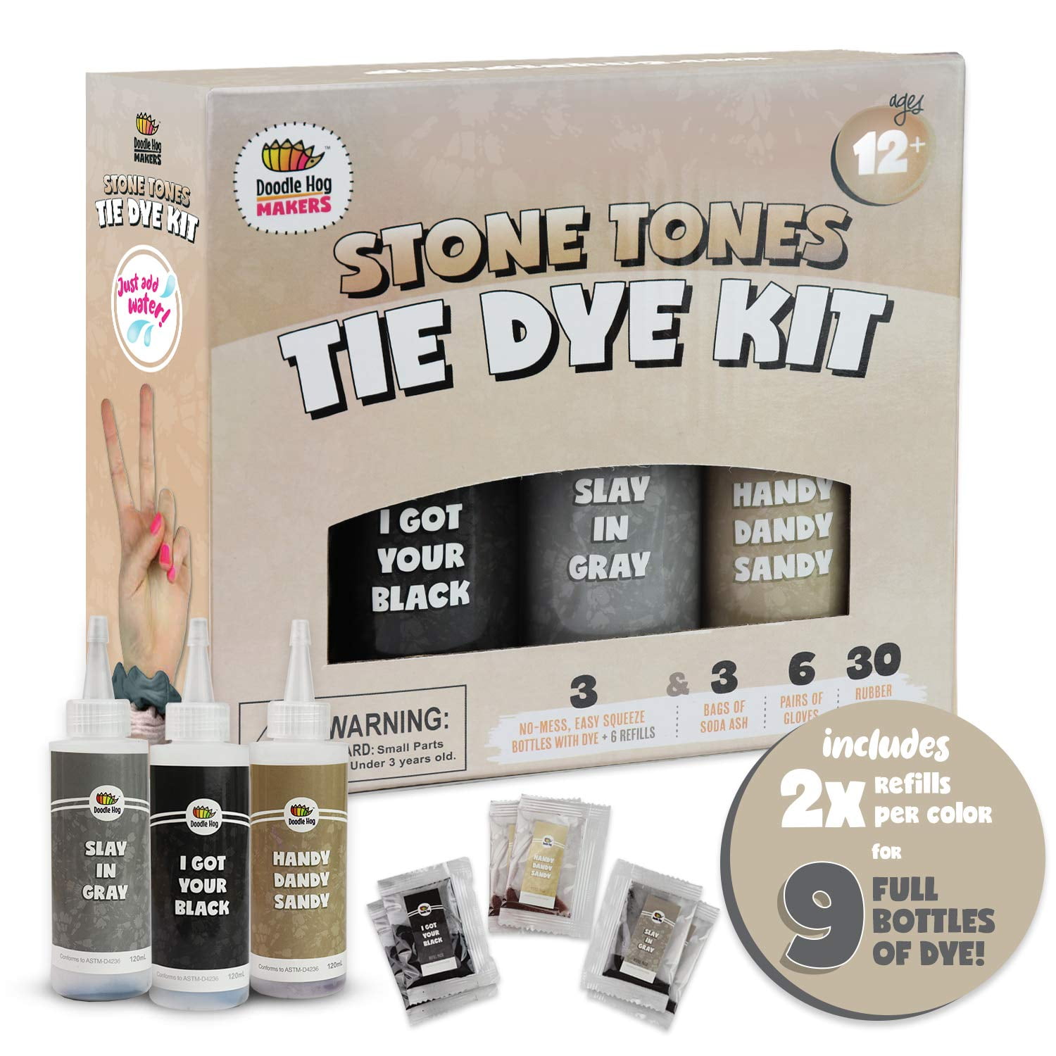 Black Fabric Clothes Tie Dye Including Tan & Charcoal Grey Dye Kit (Tye Dye Kit). 3 Pack Tie Dye Kit with 6 Refills, Soda Ash Included