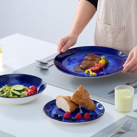 Bestone 12-Piece Round Porcelain Dinnerware Set, Service for 4, Chip Resistant Plates and Bowls, Starburst Turquoise Dark Blue, Dishwasher & Microwave Safe for Home Daily Use