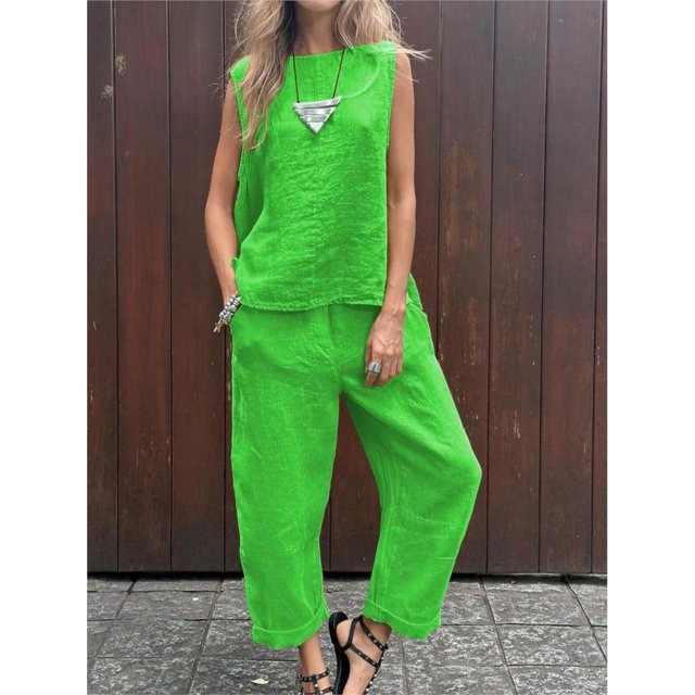 Spring Summer New Solid Color Sleeveless Cotton And Linen Women's Suit Simple Fashion Pocket Casual Long Pants Female 2piece Set
