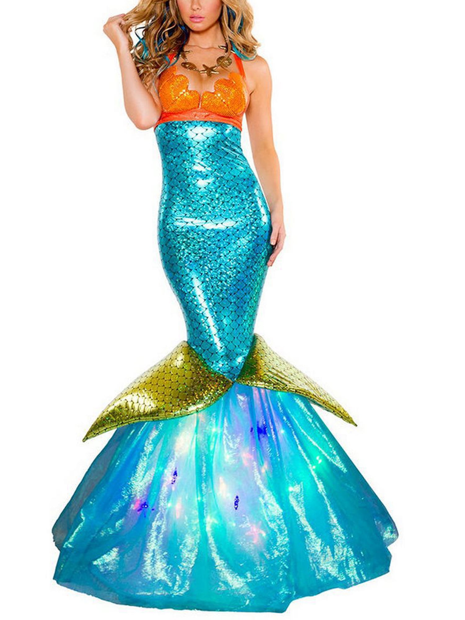 Women's Halloween Mermaid Costume Party Dress Halterneck Tube Tops Fishtail  Skirt Ruffle Sequin Long Tail Cosplay Fancy Dress 