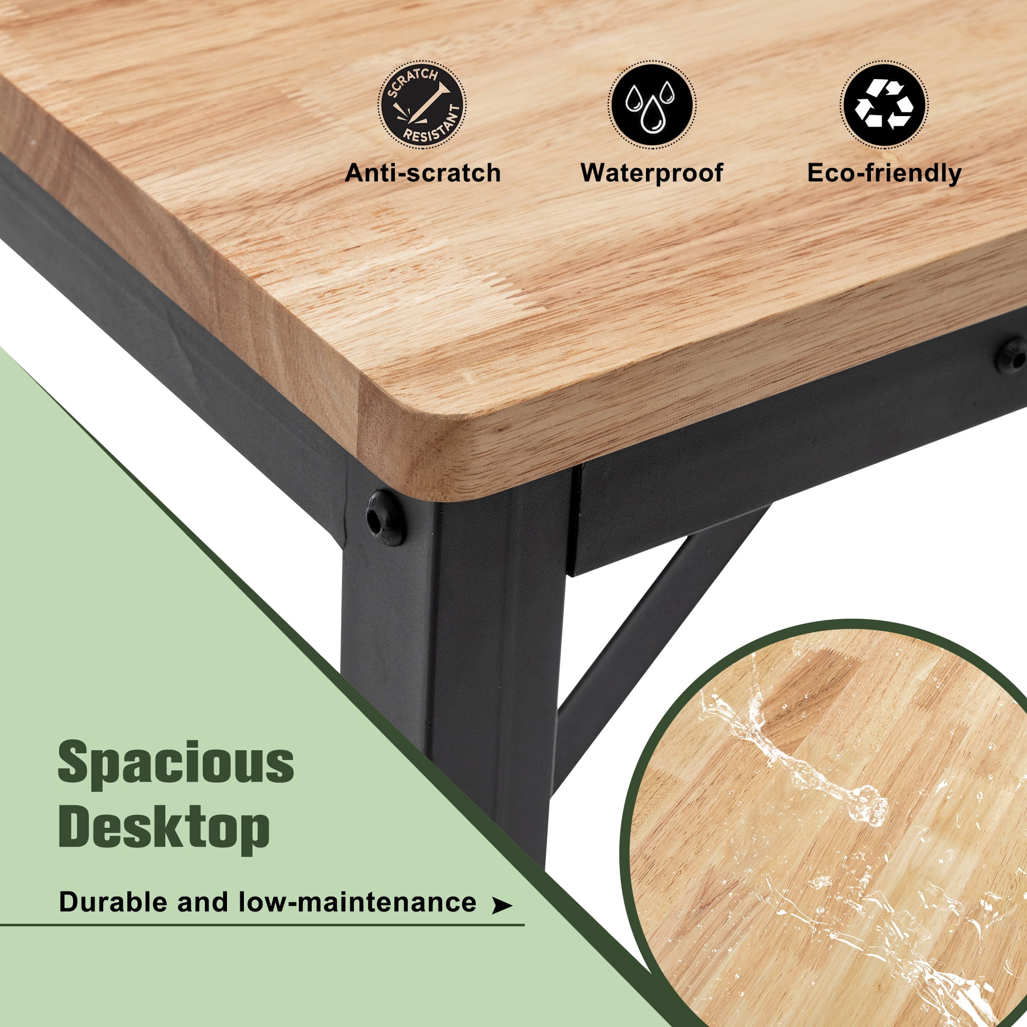 Adjustable Height Workbench, 60" Rubber Wood Top Heavy Duty Workstation with Power Outlets, 2000 LBS Load Capacity Hardwood Worktable for Workshop, Garage, Office, Home, Commercial