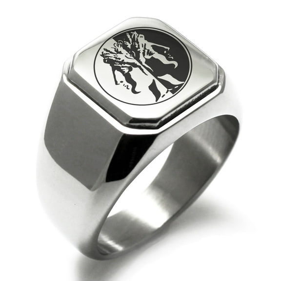 Tioneer Stainless Steel Janus Greek God of Beginnings Engraved Square Flat Top Biker Style Polished Signet Ring