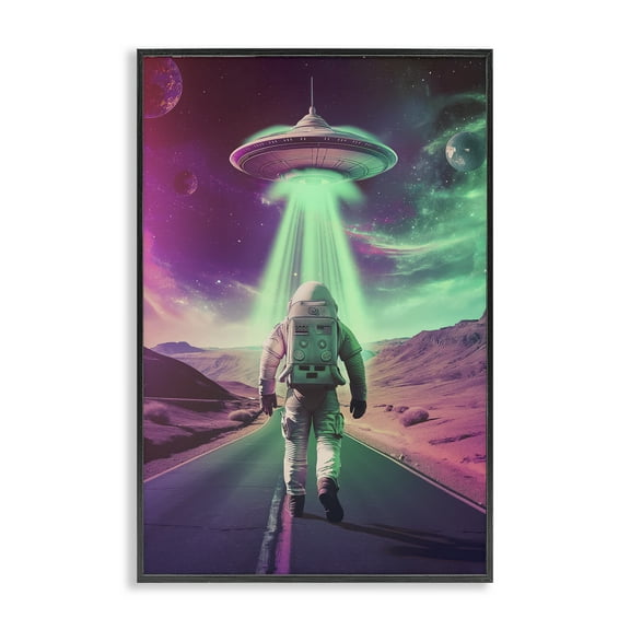 Stupell Industries Astronaut Walking Toward UFO Fantasy & Sci-Fi Painting Black Framed Art Print Wall Art, 12 x 18