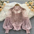 thumbnail image 5 of Women’s Elegant Lace Shirts, Long Sleeve Casual Flower Lace Mesh Blouse Button Medieval Tops Sweatshirts for Women Loose Fitting Free Size, 5 of 9