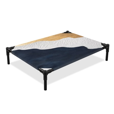 Blue White Elevated Dog Bed Gold Waves Abstract Modern Art Cooling Breathable Outdoor Raised Dog Cot Bed with Metal Frame Non-Slip Feet for Large Dog 28x22in