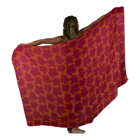 Island Style Women's Pareo Sarong Cover-up- Hibiscus Print, Red and Orange