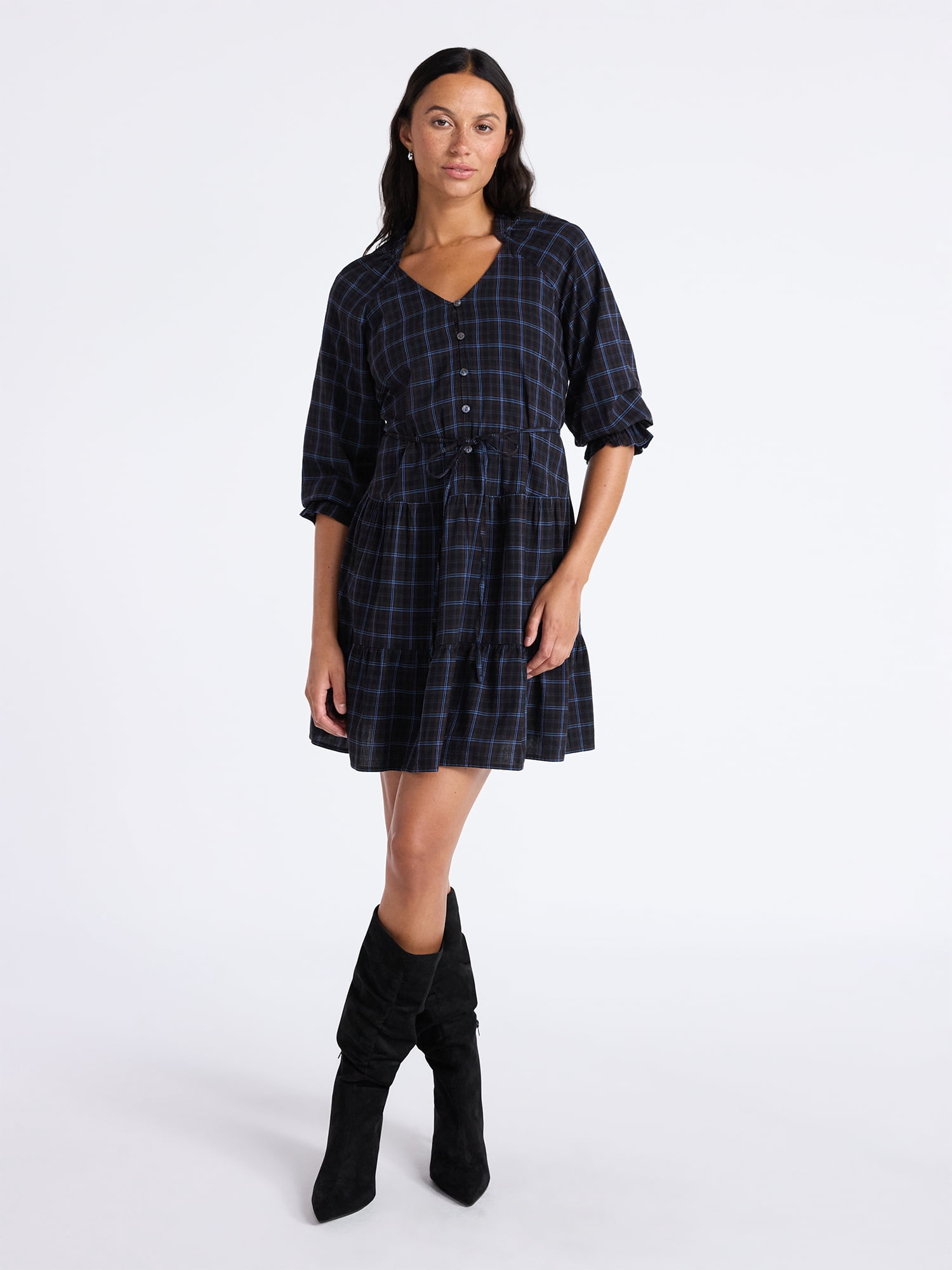 Time and Tru Women's Ruffle Neck Tiered Mini Dress, Sizes XS – XXXL