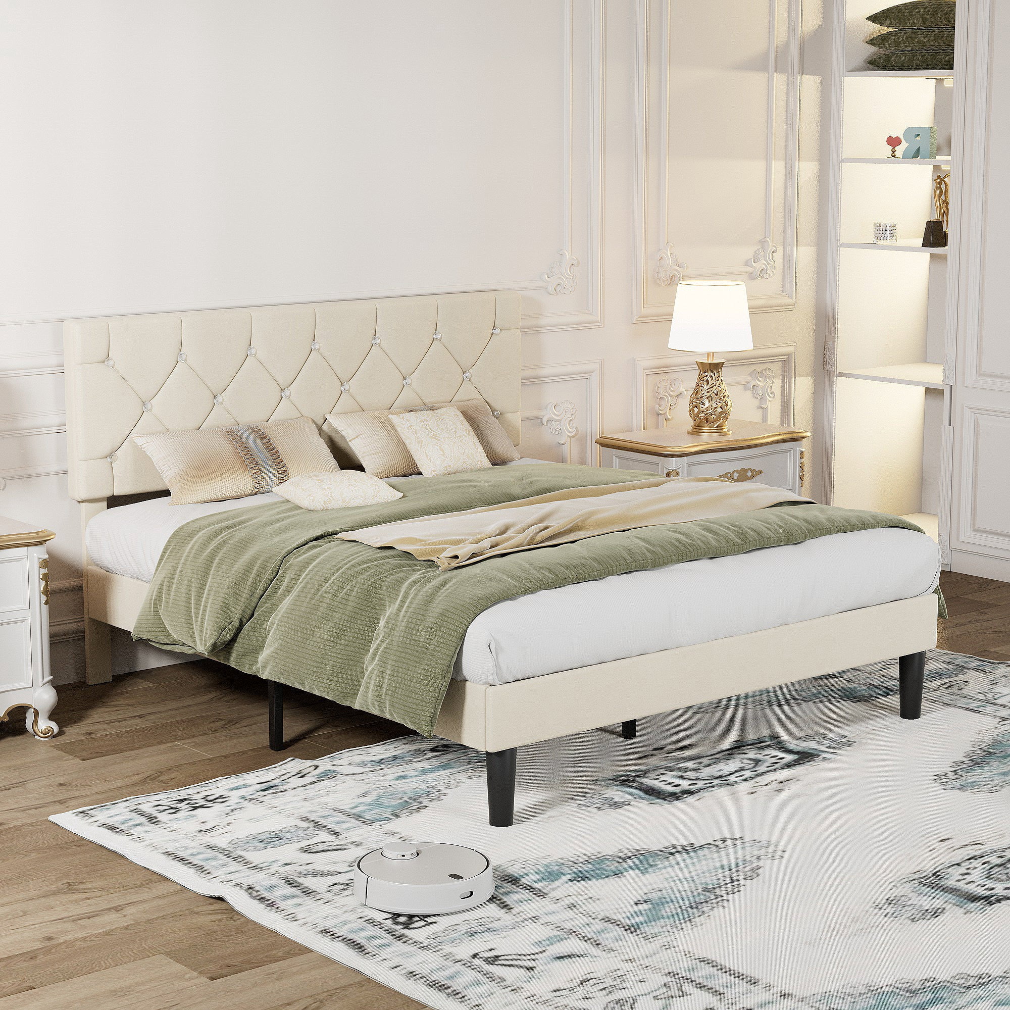 VECELO Queen Size Upholstered Bed Frame, Modern Platform Bed Frame with Diamond Tufted Headboard, No Box Spring Needed, Easy Assembly, Beige