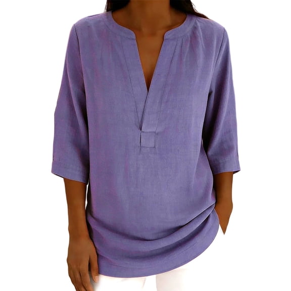 OGLCCG 3/4 Sleeve Cotton Linen Tops for Women Casual Loose Fit V Neck Shirts Trendy Solid Color Summer Beach Vacation Blouse Tshirt,M,Purple