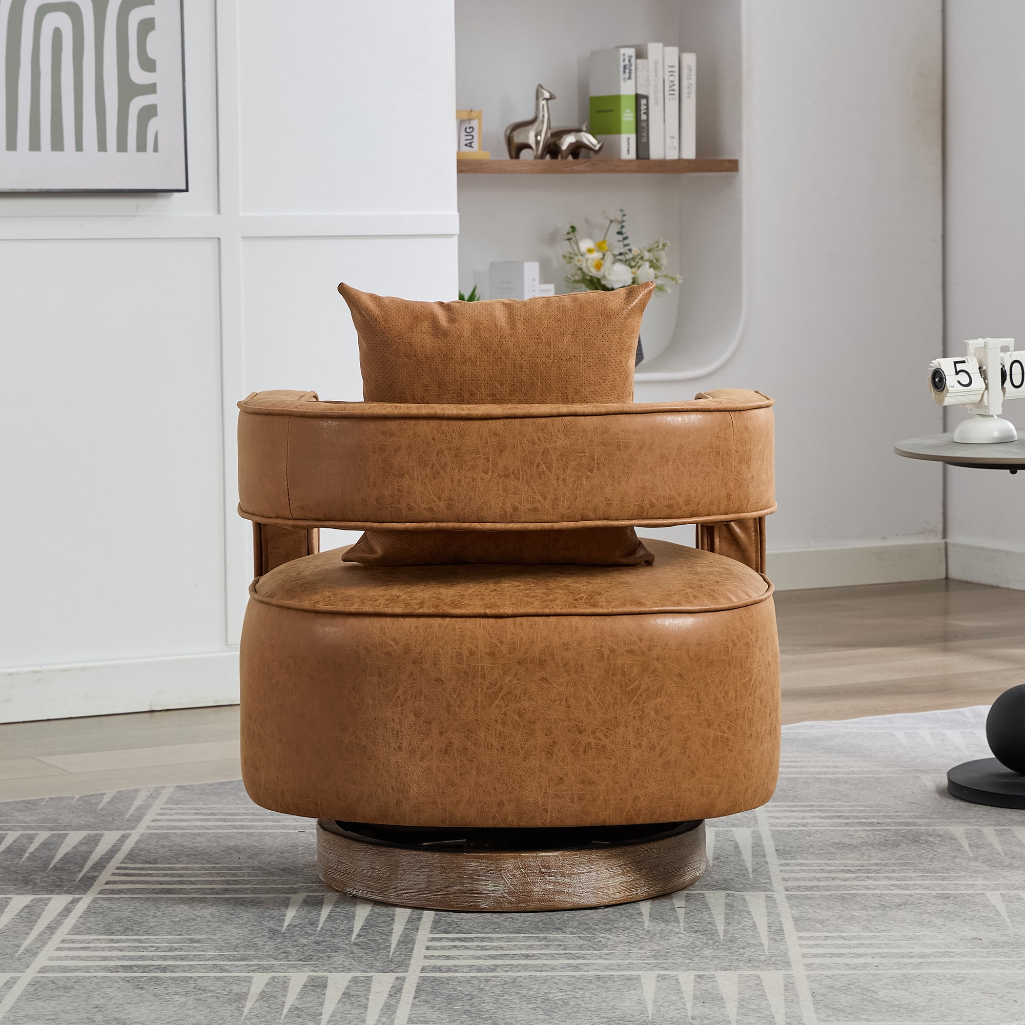 Leumius Swivel Accent Chair with Open Back,Modern Single Sofa Chair With Weathered Base for Nursery Bedroom Living Room Hotel Office, Club Chair Leisure Arm Chair for Lounge,Brown PU
