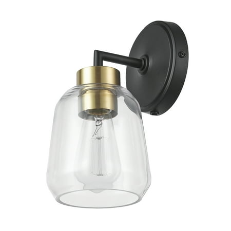 

Globe Electric Salma 1-Light Matte Black Plug-In or Hardwire Wall Sconce with Antique Brass Accent Socket and Glass Shade 91002222