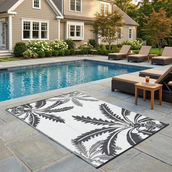 HIWEAVER Gray/White 5' x 8' Outdoor Rug Garden Decor Floral Carpet Plastic Straw Waterproof Reversible Patio Area Rug for Balcony Deck Picnic Portable Camping Mat