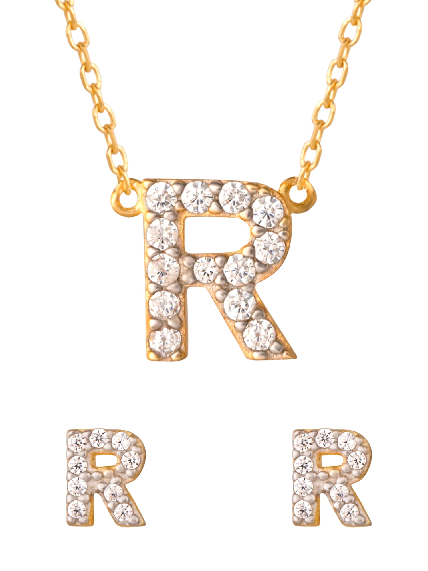 Brilliance Fine Women's Sterling Silver & 14kt Gold Plated Initial R Pendant and Earring Set