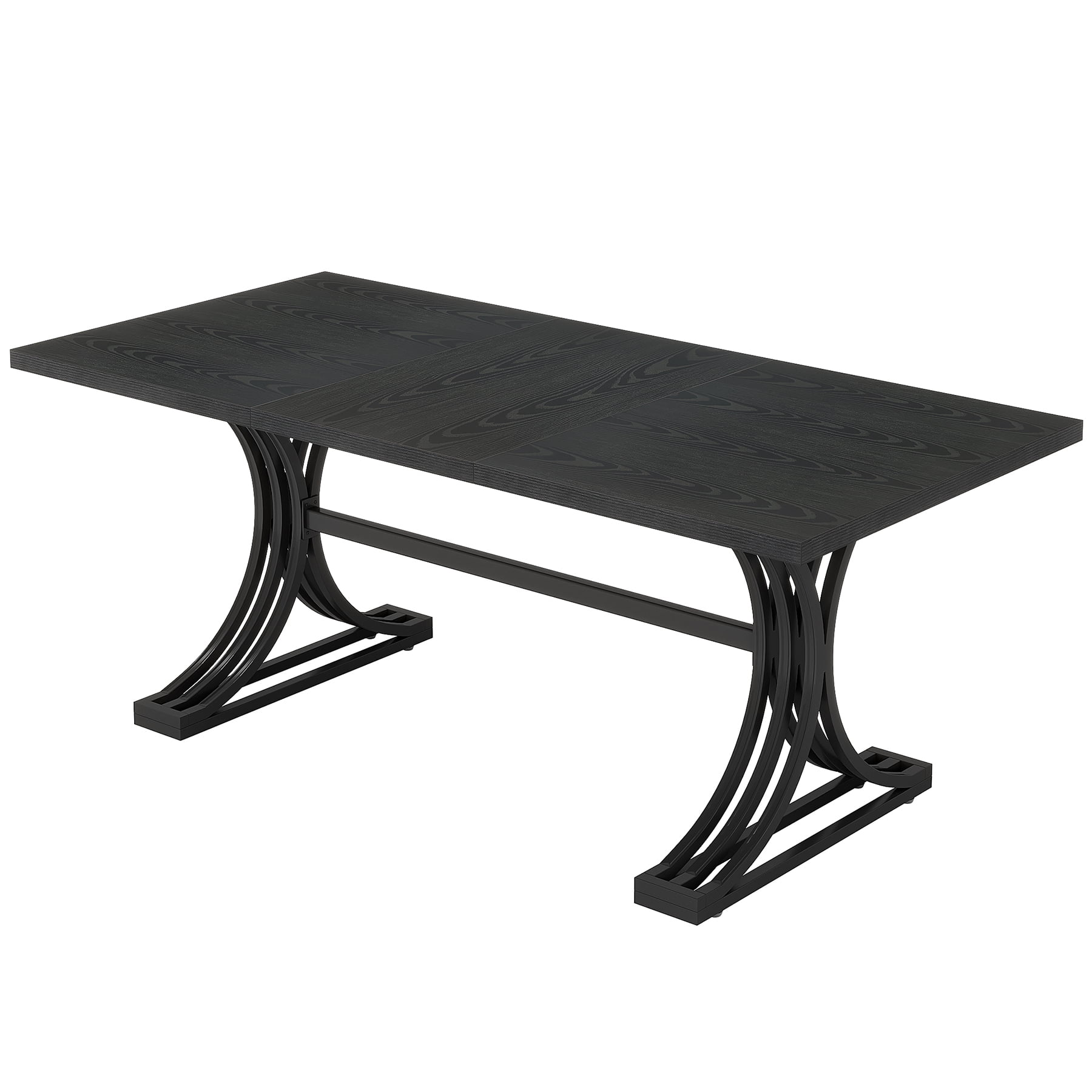 Fnova 63" Modern Dining Table, Rectangular Wooden Top Kitchen Table, Stylish Metal Trestle Legs, Seats 4 to 6 for Dining Room & Kitchen, Living Room