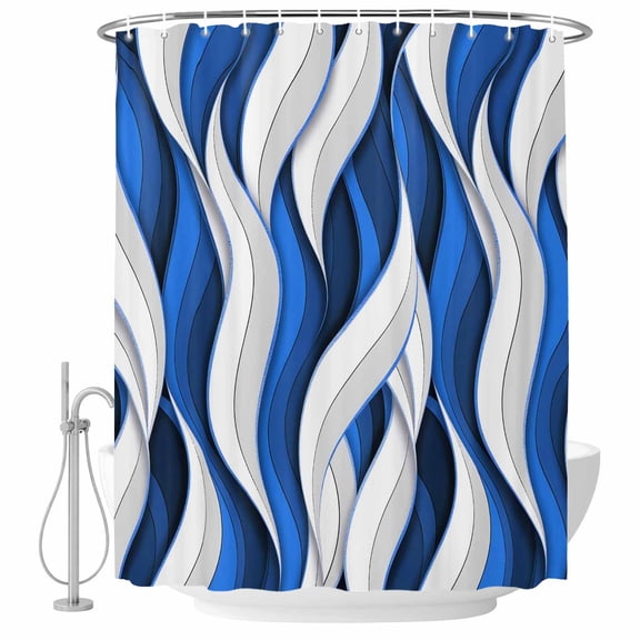Blue White Moire Shower Curtain Set - Small 36" x 72" Washable Bathtub Curtain with 12 Hooks, Modern Abstract Art Waterproof Fabric Stall Shower Curtains for Bathroom/Bathtub Décor