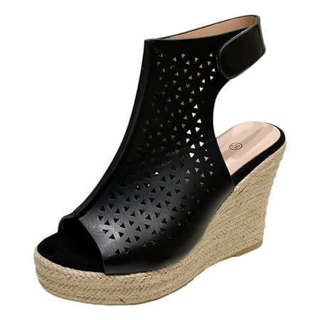 

ZAROYEAX Women s Summer Fashion Slope Heel Fish Mouth Leather Sandals Thick Bottom Hollow Out Roman Sandals