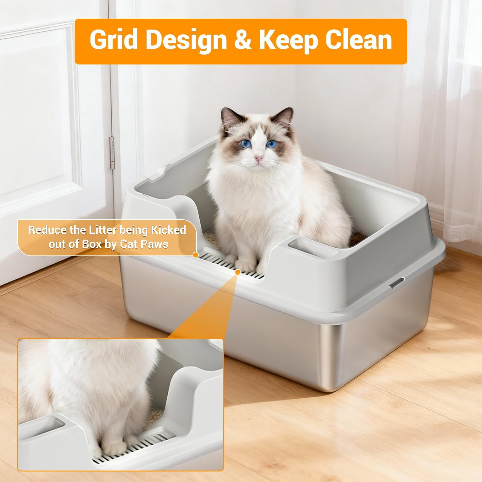 Enclosed Stainless Steel Cat Litter Box with Lid, XL Extra Large Litter Box for Big Cats, Metal Litter Pan High Sided, Never Absorbs Odors, Anti-Urine Leakage, Easy Cleaning, Include Scoop