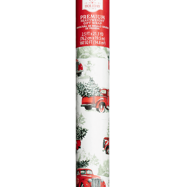 Holiday Time Christmas Wrap, Red, Blue Truck, 30” x 80 Sq. Ft, Heavy Duty,  Glossy Finish 