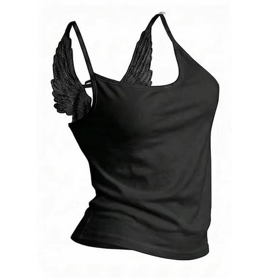 Textilo Women's Angel Wings Embroidery Y2K Tank Tops Sexy Ribbed Knit Backless Camisole Tie Summer Vest with Built-in Bra,Black M