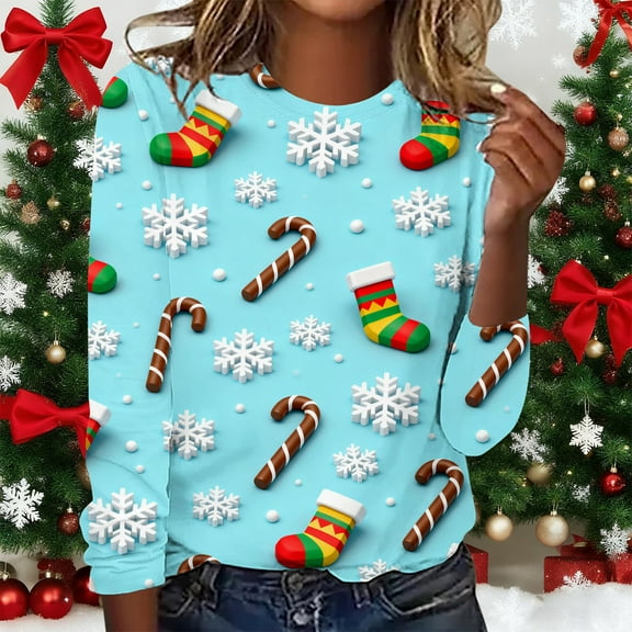 Womens Shirts Plus Size Long Sleeve Crewneck Christmas Tops Comfort Festival Party Wear Basic Tee Seasonal Print Casual Outfits