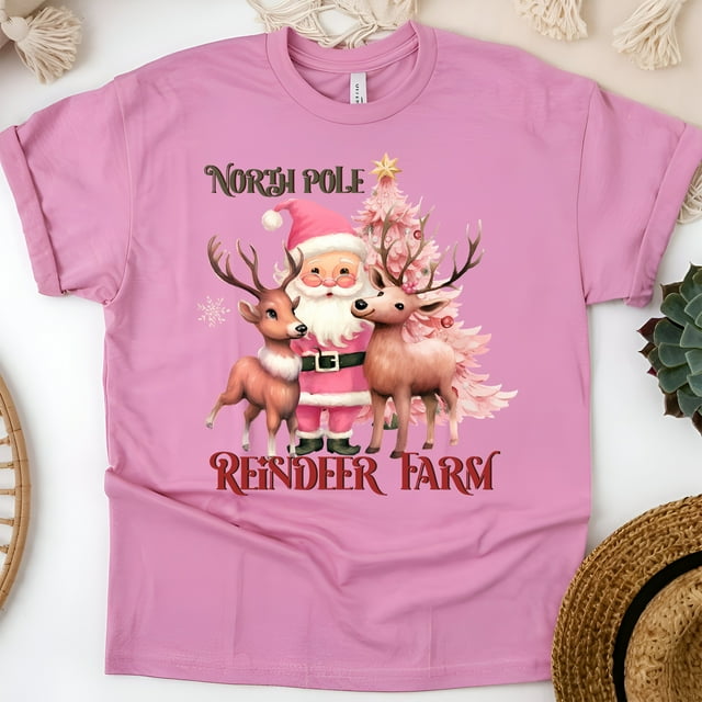 North Pole Reindeer Farm T-Shirt | Santa and Reindeer Graphic Tee, Azalea, Size S