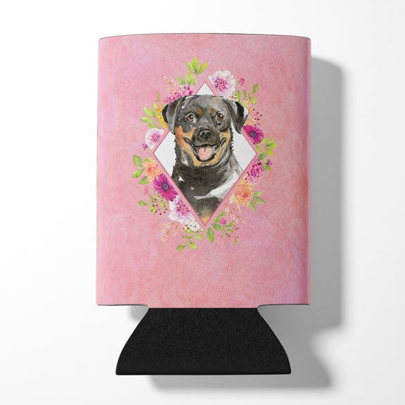 Carolines Treasures CK4217CC Rottweiler Pink Flowers Can or Bottle Hugger Can Hugger multicolor
