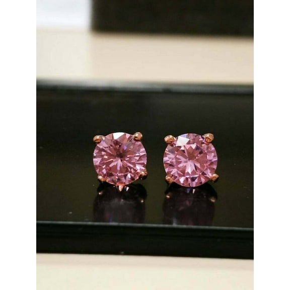 Deal Now 2Ct Round Cut Pink Diamond Solitaire Stud Earrings 14K Rose Gold Plated Silver