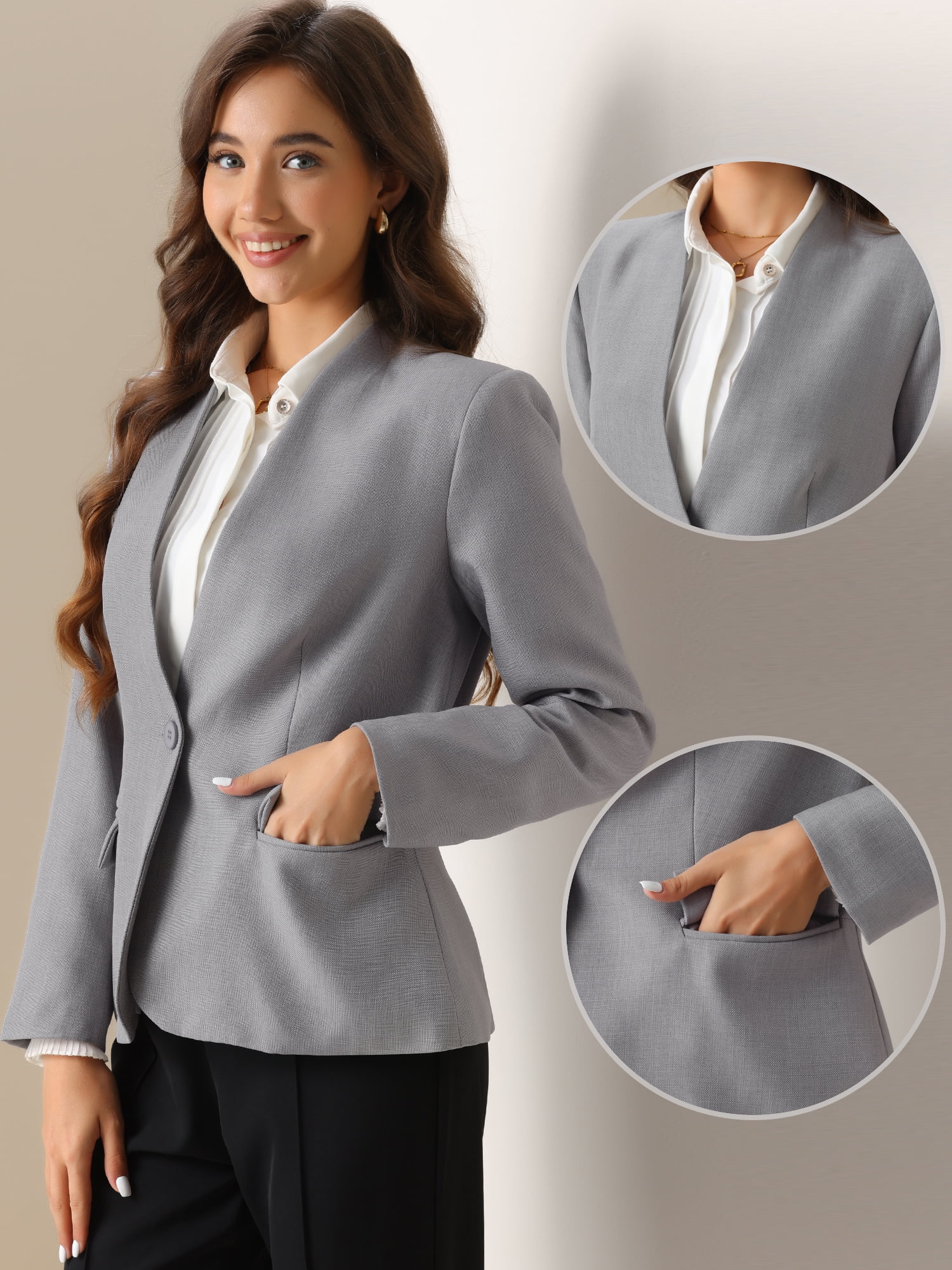 DARING DIVA Women's 1 Button Stylish Collarless Blazer Work Suit L Grey