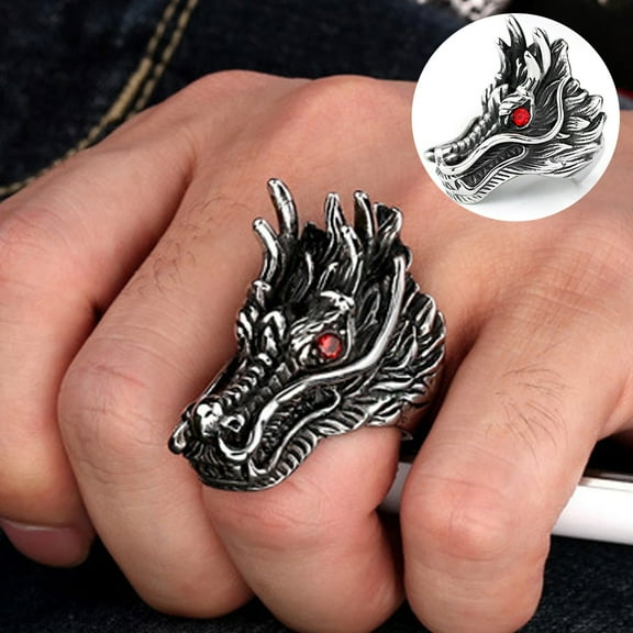 Soumake Punk Men Cubic Zirconia Inlaid Carved Dragon Head Finger Ring Party Jewelry Gift Fashion