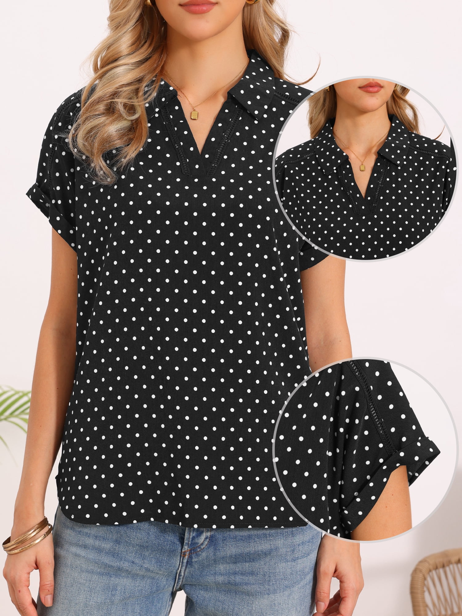 DARING DIVA Women's Polka Dots Blouse Short Sleeve Collar V Neck Work Office Top XL Black