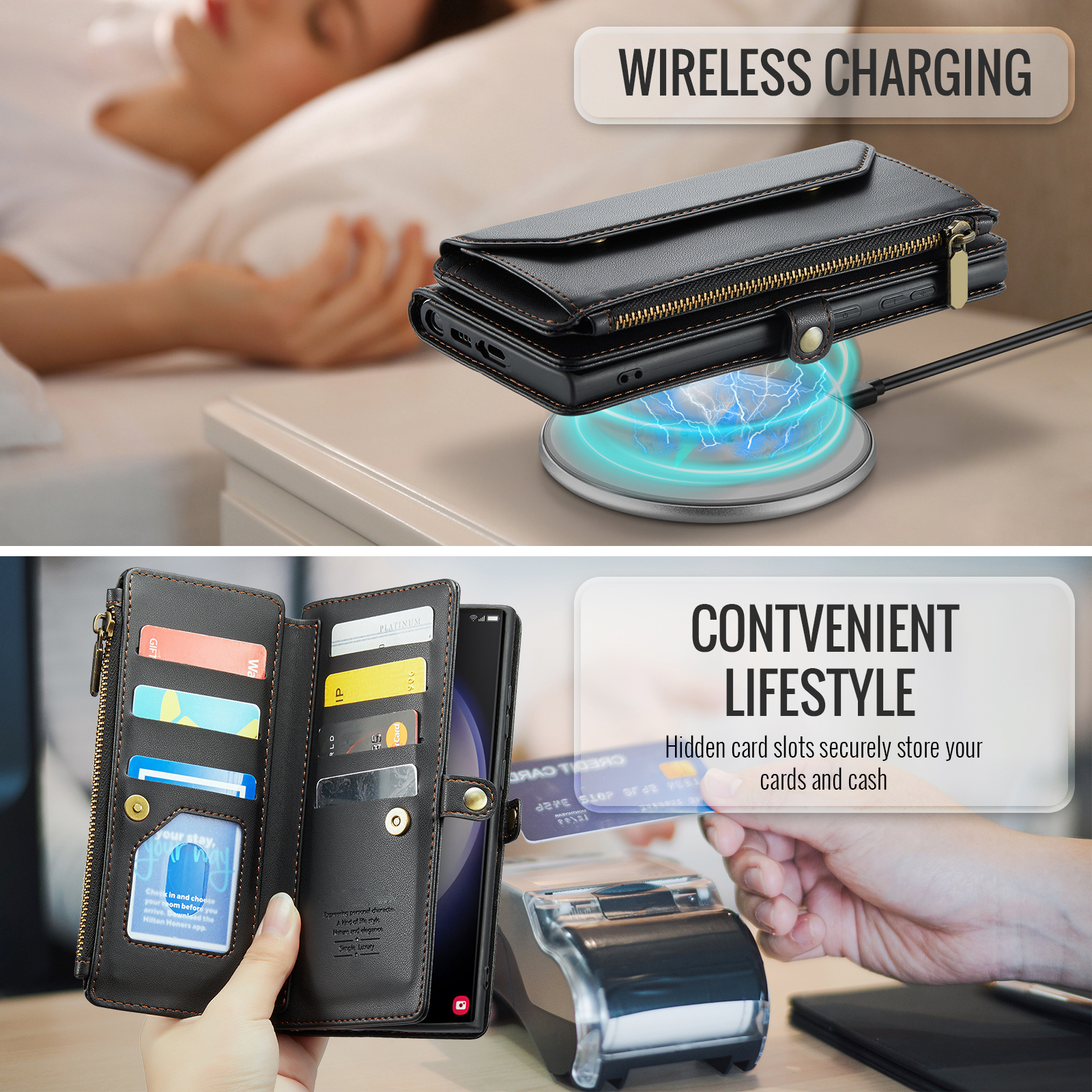 Compatible with Samsung Galaxy S23 Ultra 5G Zipper Wallet Phone Case Tempered Glass Screen Protector Crossbody Lanyard Strap Flip Card Holder Slot Cell Cover for S23Ultra 23S S 23 6.8 Women Black