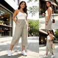 thumbnail image 2 of ibiyuan Women's Dress Pants High Elastic Waisted Palazzo Pants Plus Size Loose Fit Linen Trousers for Women Drawstring Women Lounge Pants Cropped Spring Summer Vacation Outfits, 2 of 7