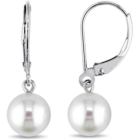 Miabella 8-8.5mm White Freshwater Cultured Pearl 10kt White Gold Drop Earrings