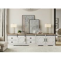 WAMPAT 3 in 1 Farmhouse TV Stand for TVs up to 110",Wood Entertainment Center with Drawers and Adjustable Shelves,TV Console Table with Barn Door for Living Room,Cream White