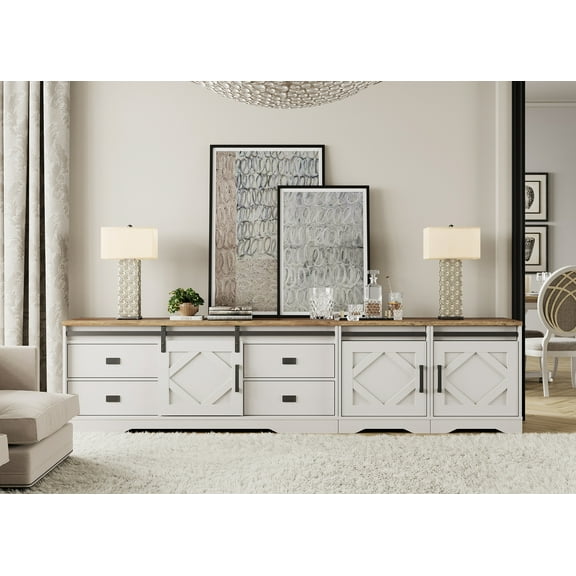 WAMPAT 3 in 1 Farmhouse TV Stand for TVs up to 110",Wood Entertainment Center with Drawers and Adjustable Shelves,TV Console Table with Barn Door for Living Room,Cream White
