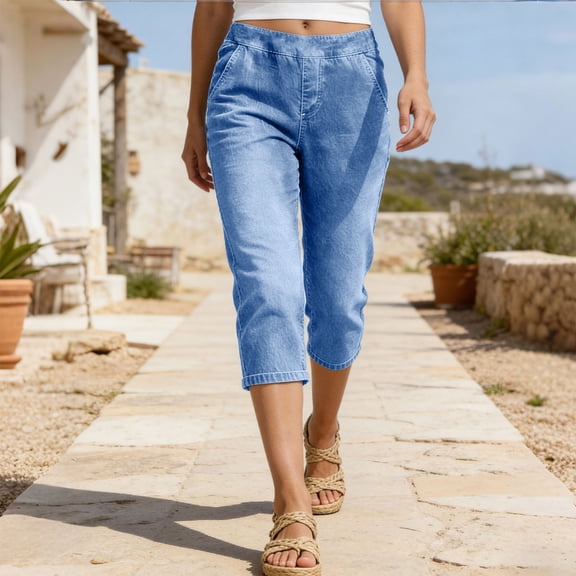 Mifsaly Capri Pants for Women High Rise Straight Leg Denim Capris Elastic Waist Lightweight Casual Summer Cropped Trousers with Pockets XL